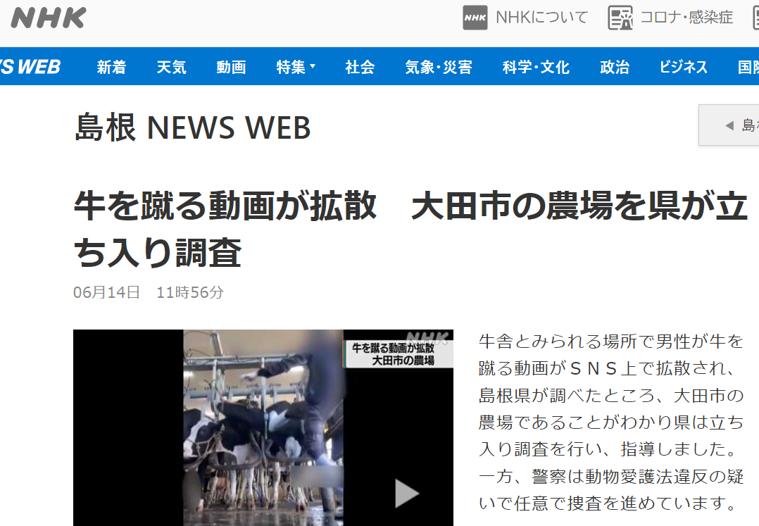 牛を蹴り虐待する従業員のニュース