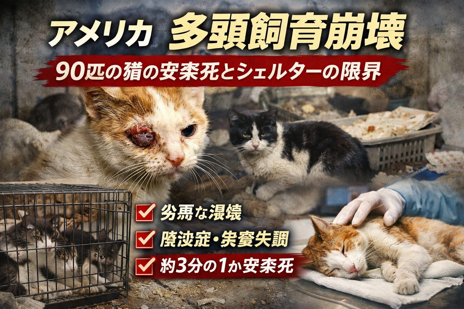 アメリカで約100匹の猫が多頭飼育崩壊の末に安楽死