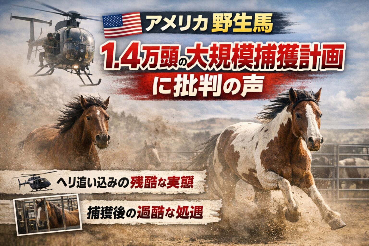 アメリカで野生馬1.4万頭を大規模捕獲