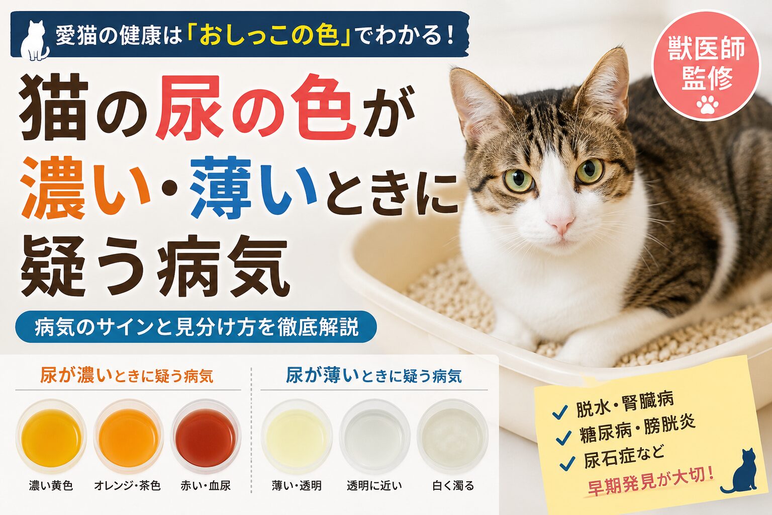 猫の尿の色が濃い・薄いときに疑う病気