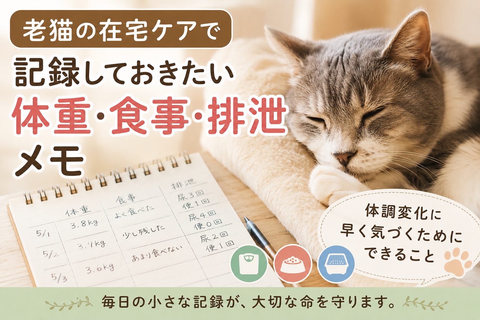 老猫の在宅ケアで記録しておきたい体重・食事・排泄メモ