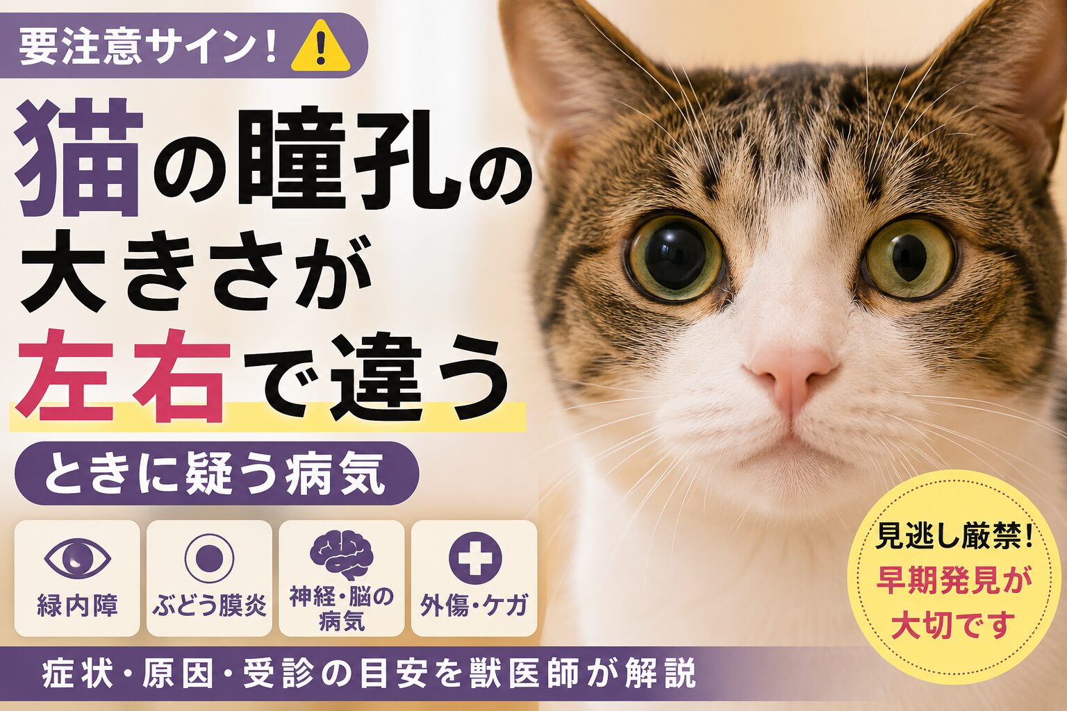 猫の瞳孔の大きさが左右で違う!疑うべき病気