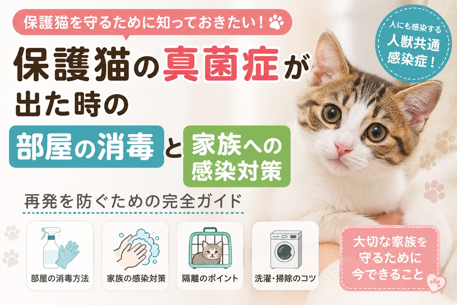 保護猫の真菌症が出た時の部屋の消毒と家族への感染対策