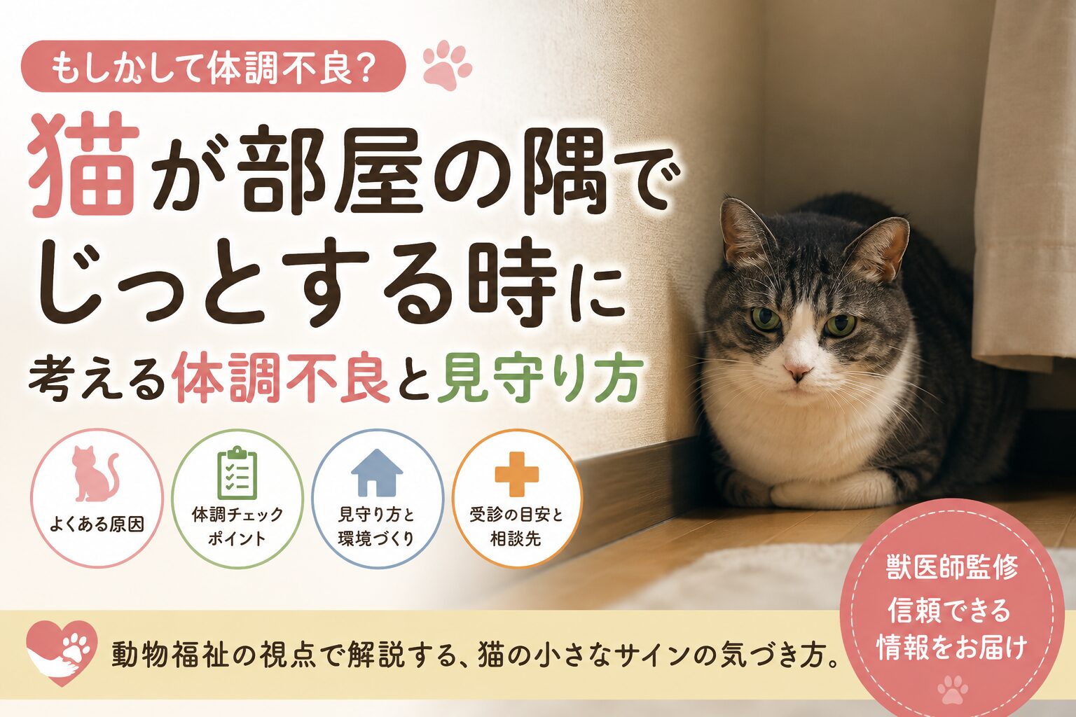 猫が部屋の隅でじっとする時に考える体調不良と見守り方